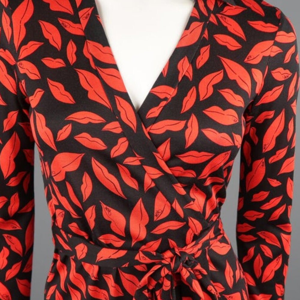 Diane Von Furstenberg Black Wrap Dress with Red Lip Print